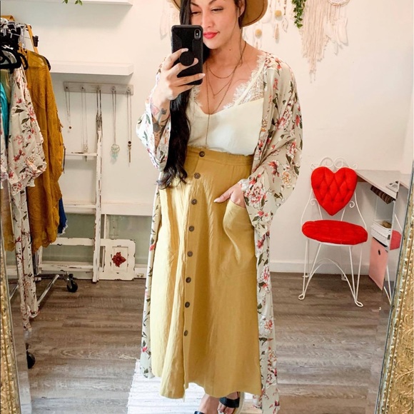 Button Down Mustard Midi Skirt - Picture 3 of 4